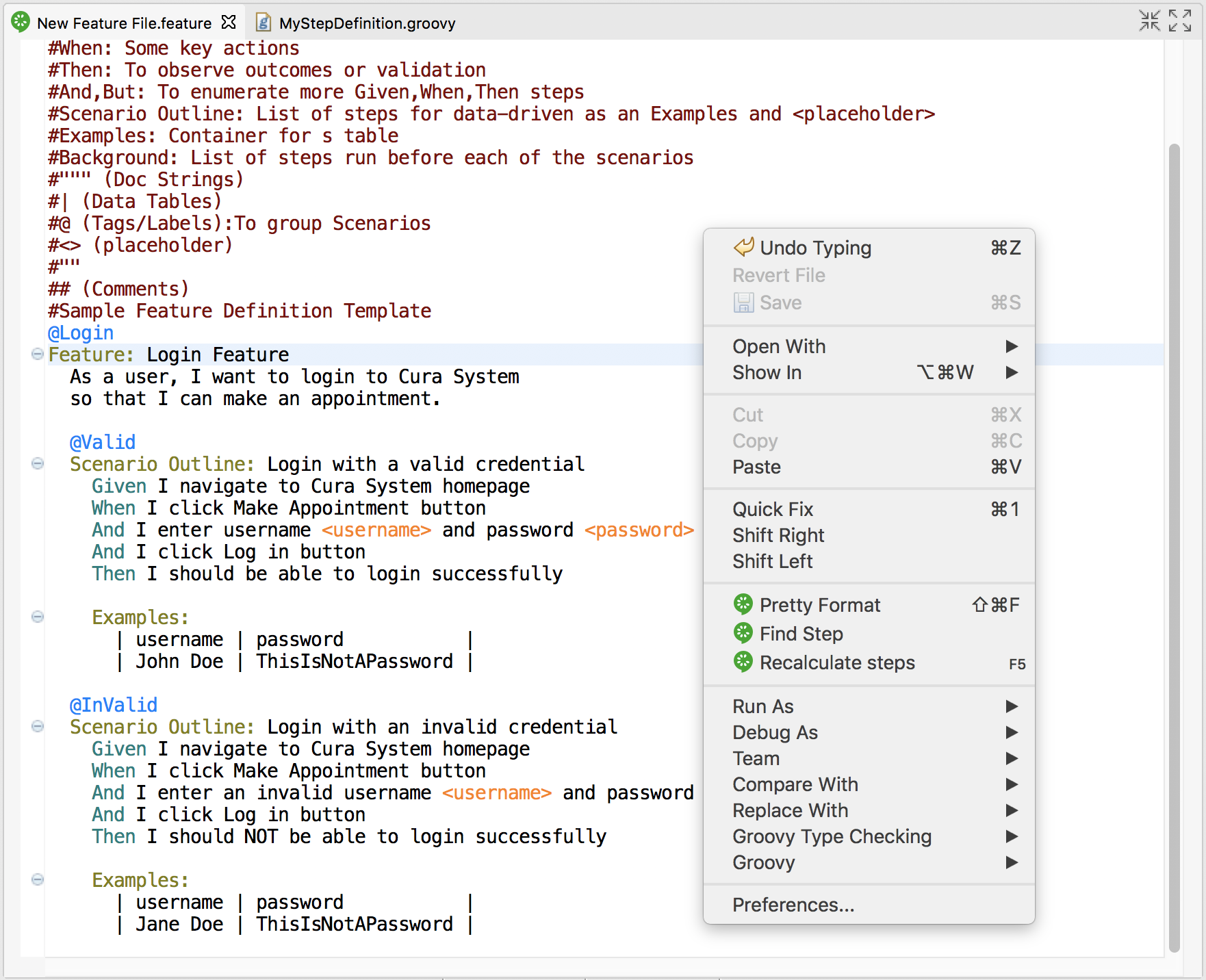 feature file editor view in **Katalon Studio**