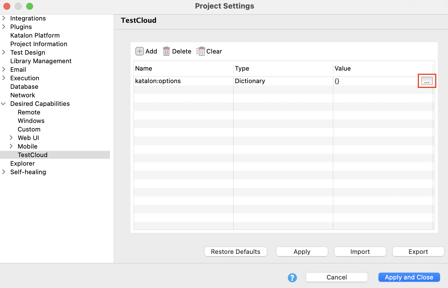 Add a Katalon options property