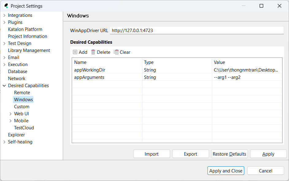desired capabilities inside Katalon Studio