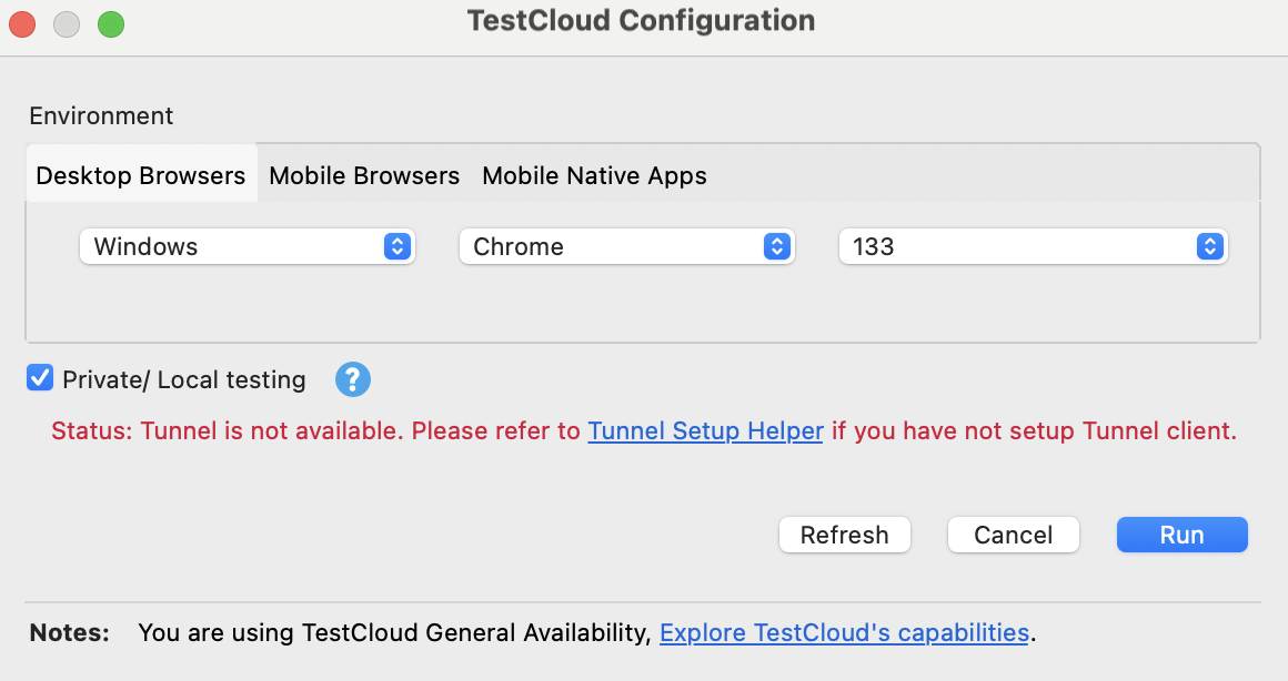 TestCloud Configuration dialog, TestCloud Tunnel not available status