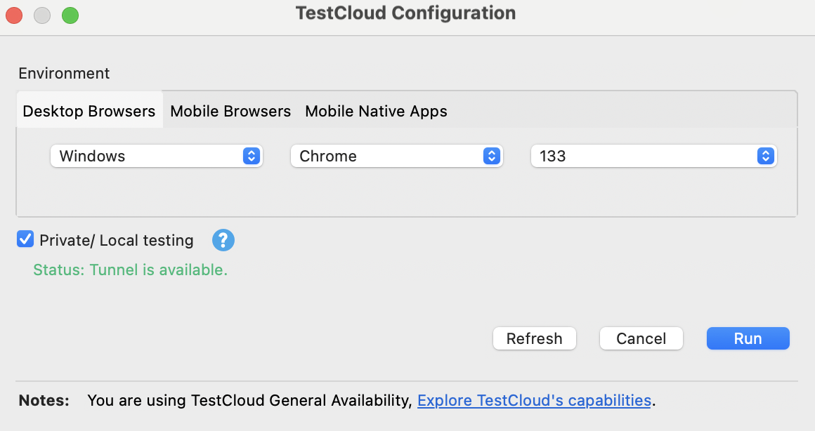 TestCloud Configuration dialog - TestCloud Tunnel available