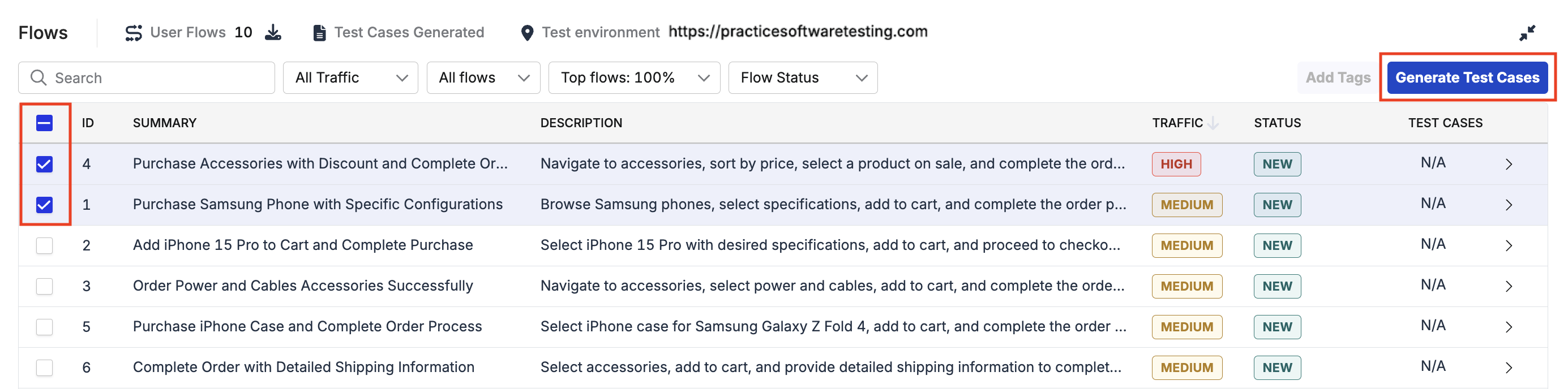 Generate test cases from flows